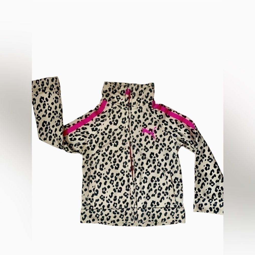 PUMA Girls Infant Leopard Print Pink Knit Zip Jacket Sweatshirt Sz 12 month